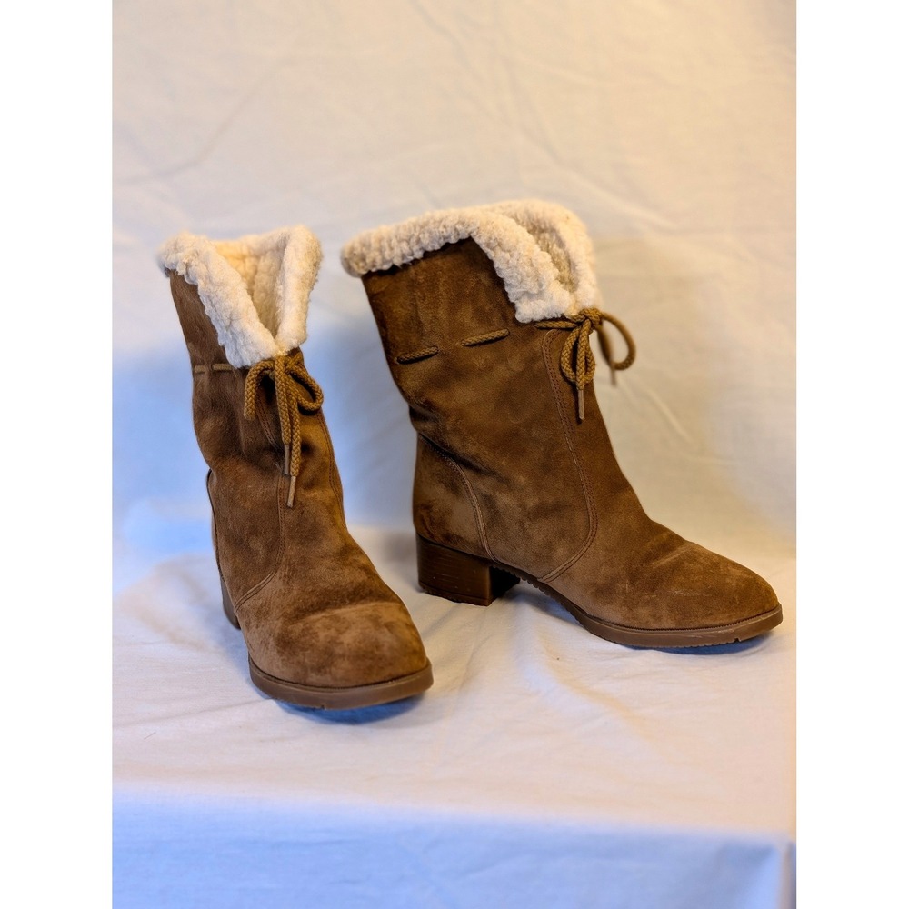 Vintage Made In USA Women's Brown Suede Boots With Faux Shearling Lining 8.5B